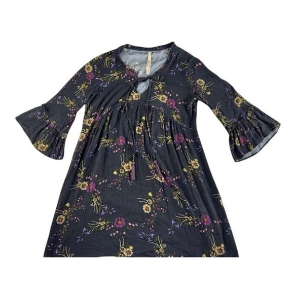 Uncle Frank Boho Dress Sz. S Black Floral Bell Sleeves Tassel Tie Kneww Length - Picture 1 of 7